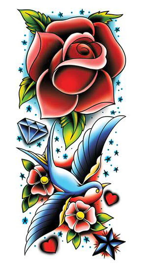 Rose And Swallow Sleeve Tattoo